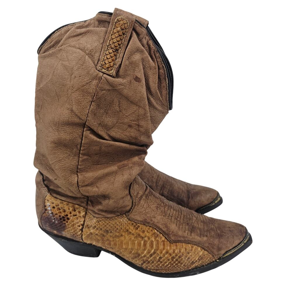 Vintage Dingo Slouch Cowboy Western Boot tan leather genuine snakeskin Mens 9.5
